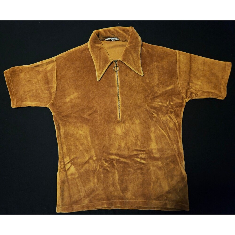 Vintage Towncraft Penneys Mod Velour Zip Polo Shirt 60s 70s Brown Large 44-46
